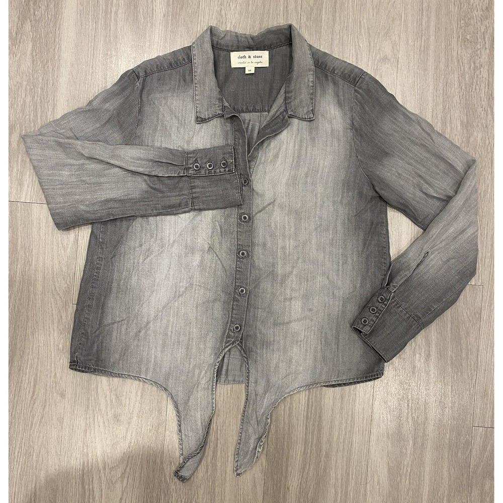 Cloth & Stone Shirt Medium Tie Top Gray Blouse Button Long Sleeve Lyocell M